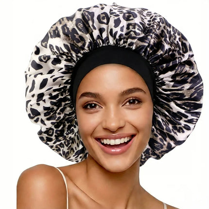 Leopard Print Satin Bonnet Sleeping Cap Shower Edge Wrap Cover Nightcap For Women Long Hair