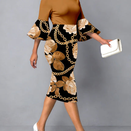 Midi Dress Spring Summer Women Brown Off Shoulder Flare Sleeve Floral Chain Print Bodycon Elegant Office Party Date Dress