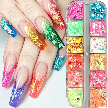 12 Grids Fluorescence Hexagon Nail Art Sequins Shiny Chameleon Iridescent Nail Glitter Powder Shimmery Flakes Nail Decoration
