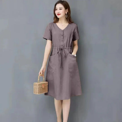 Elegant Cotton and Linen Women's Dress Draw String High Waist Breathable Midi Dresses Half Sleeve V-Neck A-Line Dress Summer