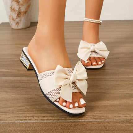 2026 Summer New Elegant Bow Decor Women's Heeled Mules Fashion Solid Color Square Toe Hollow Out Women Shoes Сандали Женские
