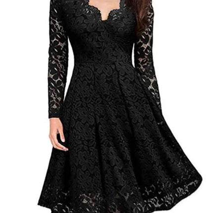Women Lace A-Line Dress Spring Autumn V Neck Long Sleeve Lace Crochet Patchwork WineRed Slim Party Dresses JYFS-JY8858