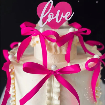 10Pcs Ribbon Bow Cake Toppers Pink Red Bow Cake Decor Love Couple Cake Topper Wedding Valentine's Day Dessert Decor Girl Favor