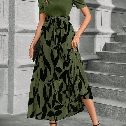 Elegant Floral Print Round Neck Long Dresses Women Short Sleeve High Waist Lace-up Office Lady Holiday Party Dresses Vestidos