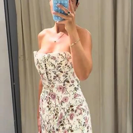 Sexy Women's Printed Bandage Strapless Short Dress Slim Waist Cinched Sleeveless Backless Lace Up Dresses 2026 Summer Lady Wear