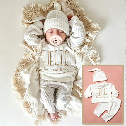 Ylsteed "Hello" Embroidery Newborn Photography Props Infant Romper Jumpsuit with Bow Hat Baby Coming Home Outfit Baby Photo Gift
