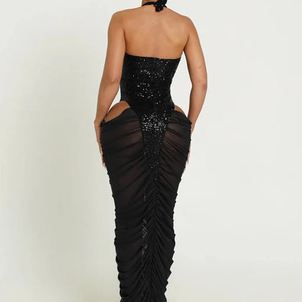 Sexy Glitter Sequins Party Evening Dresses Women Luxury Celebrity Sheer Mesh Patchwork Cut Out Formal Ruched Bodycon Maxi Dress