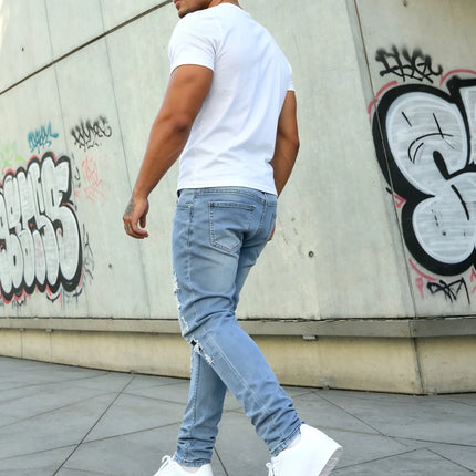 HME Men's Stretch Denim Pants, Light Blue Slim Ripped Skinny Jeans for Comfortable Fit