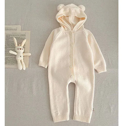 Autumn Winter Korean Style Children Knitted Clothes Newborn Baby Girls Knitted Bodysuits Solid Color Knitting Hooded Jumpsuit
