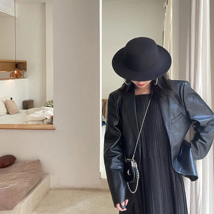 French Retro Women Flatcap Wide Brim Hepburn Style Flat-top Cap Solid Color Felt Hat Church