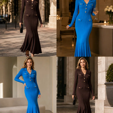 Elegant Women Lapel Knit Mermaid Maxi Dress, Long Sleeve Gold Decor Button Ribbed Bodycon Dress, Business Casual Wedding Guest Evening Party Gown