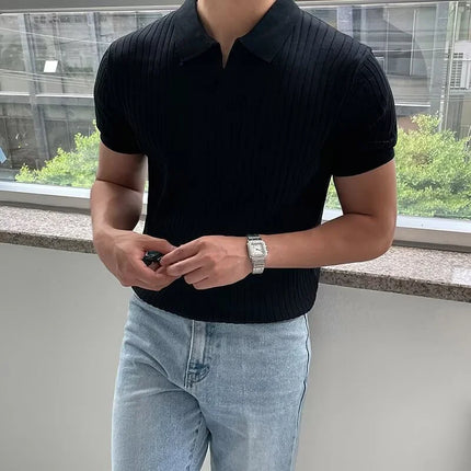 2026 Summer Breathable Knitted Short Sleeve polos homme Casual Business Striped Lapel Polo T-shirts Men's Y2K Vintage Tee Tops