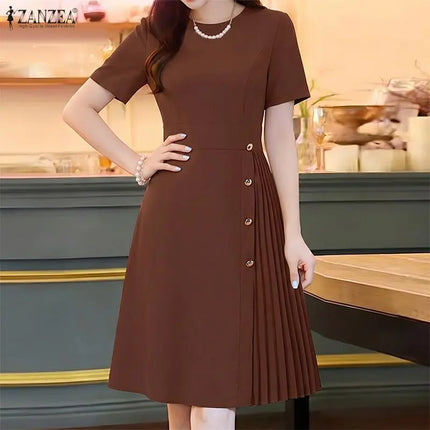 Stylish Pleated Dresses ZANZEA Women Summer Solid OL Work Dress Elegant A-line Knee Length Robe O Neck Short Sleeve Sundress