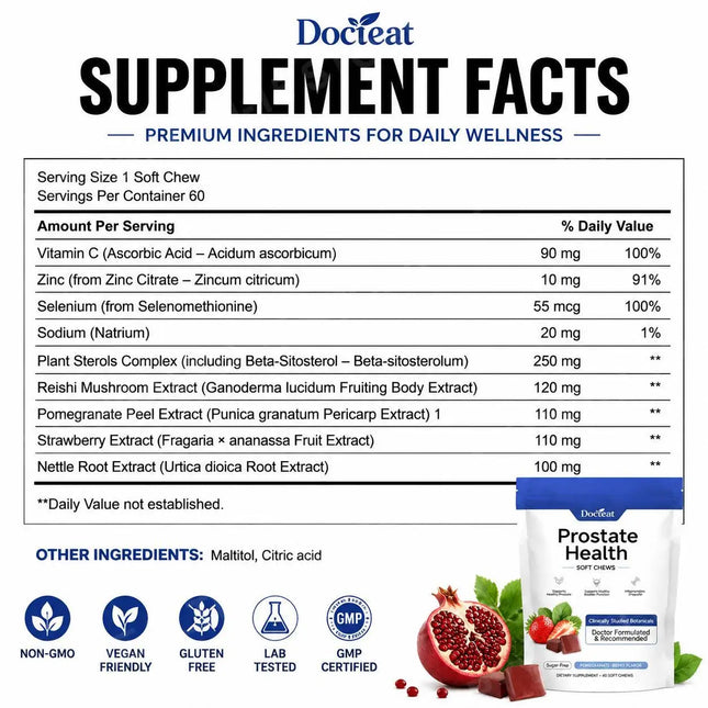 Docteat Men’s Prostate Wellness Soft Chews Plant Sterols Zinc Selenium Reishi Pomegranate Berry Flavor Sugar Free 60 Count