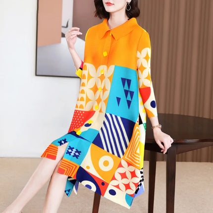 Miyake Pleated Dress Women 2024 Spring New High-End Design Sense Printing Lapel 3/4 Sleeve Single-breasted Fashion Shirt Dresses