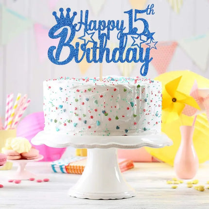 Royal Blue Glitter Paper Happy 10th 15th 18th Birthday Cake Topper for Men Boy 20th 40th 70th Birthday Party Cake Decorations