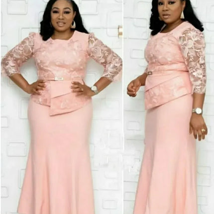4XL 5XL Plus Size 2025 Christmas Dresses Women O Neck 3/4 Sleeve Long Maxi Dress Fashion Lace Patchwork Night Party Dress
