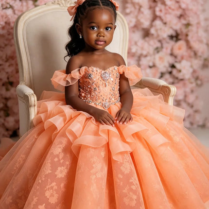 Orange Girls Birthday Party Dresses Customized Beading Lace Princess Flower Girl Dresses for Wedding Baby Kids Pageant Dress