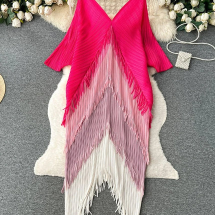Miyake Tassel Patchwok Color Block Dress for Women Pleated Batwing Sleeve Mid-calf Dresses Fashion Female 2025 Summer