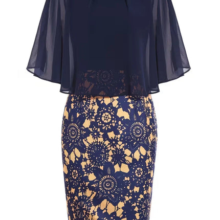 Women Elegant Crew Neck Cape Sleeve Summer Slim Work Cocktail Evening Party Knee Length Bodycon Pencil Dress