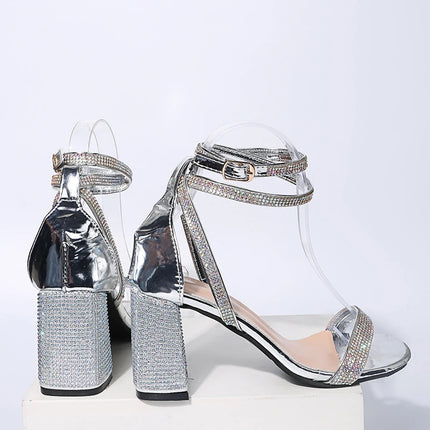 Large-sized rhinestone ankle loop sandals with thick heels, 2025 new style, fashionable and sexy high heels for outerwear