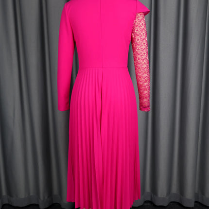 Rose Women A Line Pleated Dresses Half High Collar Patchwork Lace Long Sleeves Elegant Evening Church Party Wedding Guest Wear