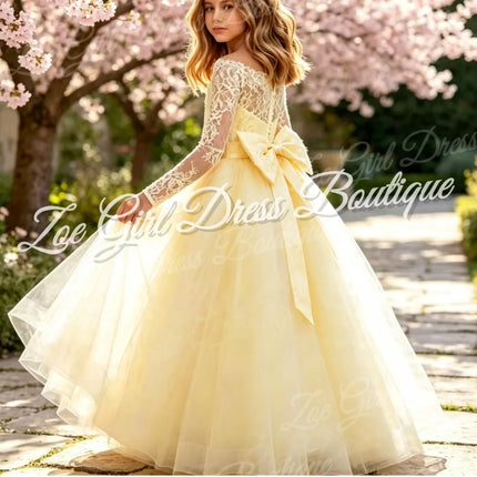 White Full Lace Long Sleeve Tulle Flower Girl Dress Back Bow Floor Length Kids First Holy Communion Wedding Birthday Custom Gown
