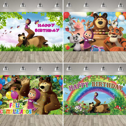 Children's Birthday Theme Party Decoration Backdrop Girl and Bear Birthday Party Decor Banner Baby Baptism Party Supplies Gift