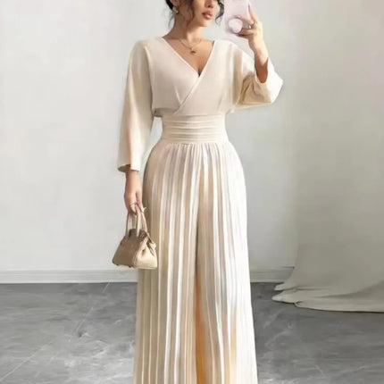 Women Spring Sexy Deep V-neck High-waisted Pleated Jumpsuit Fashion Solid Backless Slim Elegant Office Lady Wide-leg Jumpsuits