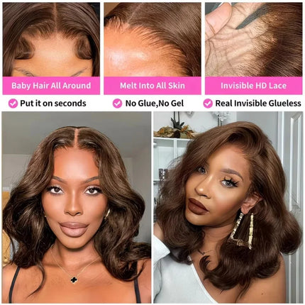 Chocolate Brown 13x4 Body Wave Bob Wig Human Hair Wigs 200 Density #4 Brown Blunt Cut Short Bob Lace Front Wigs Human Hair Short Bob Glueless Wigs for Women