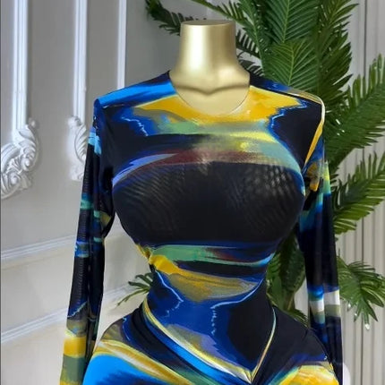 GLCMYAYA Women Tie Dye Printed Ruched Stacked Long Sleeve Bodycon Midi Maxi Dress 2026 Beach Sexy Vacation Long Dresses Vestidos