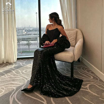 Women's Luxury Black Evening Dresses Sequin Mermaid Prom Dresses Detachable Puff Sleeves Corset Bodice Sweep Train Paty Dresses