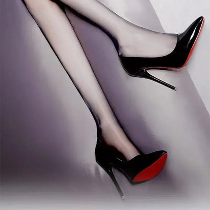Autumn New 2024 Black Patent Leather Pointed Toe Red Rubber Sole Women's High Heels Party Shoes Sexy Women's Dress Stilettos
