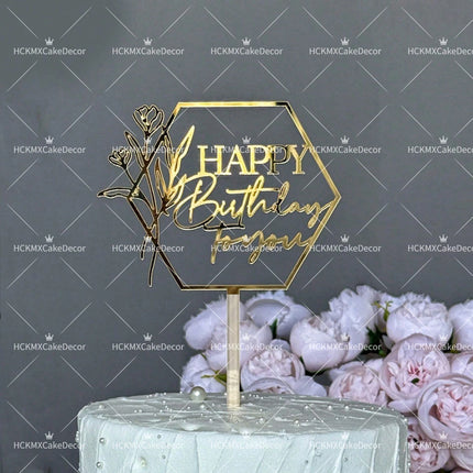 3PCS Gold Acrylic Happy Birthday Cake Topper with Line Art Flower Elegant Floral Cake Decoration for Birthday Party