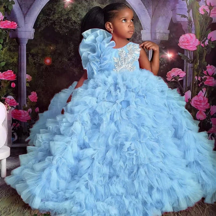 Customized Rose Pink Flower Girl Dresses Tulle Puffy White Embroidery Sleeveless For Wedding Birthday Prom Holy Communion Gowns