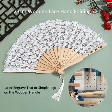 10/30pcs Exquisite Lace Wooden Folding Hand Fans Personalize Engrave Text Logo on Wood for Dancing & Wedding Party Home Decor