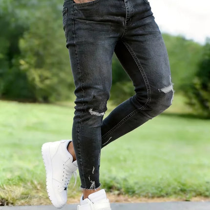 Trendy Products in Europe And America, Men'S Retro Trendy Ripped Jeans, Men'S Skinny Stretch Jeans, American Casual Street Style, Versatile Black, Distressed Details, Suitable for All Seasons, Fashionable Jeans