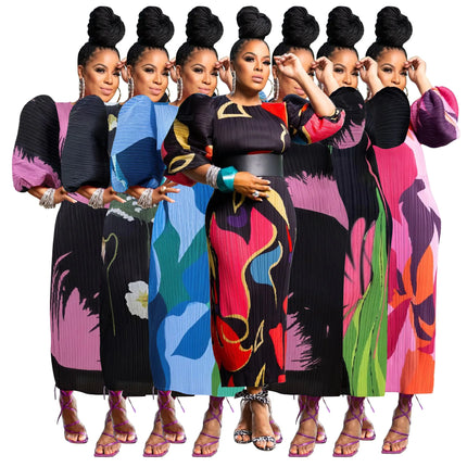 Elegant Women Pleated Half Lantern Sleeve O-neck Slim Maxi Long Dress Print Fashion Autumn 2026 Ruched Dresses Vestidos