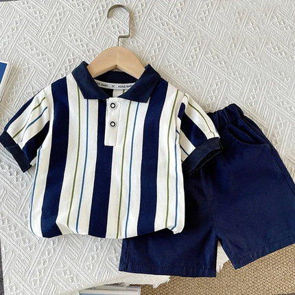 ‌New Boys Cotton Striped Shorts Set 2-Piece Summer Outfit Fashion Short Sleeve Casual Playwear Stylish Kids Clothing‌