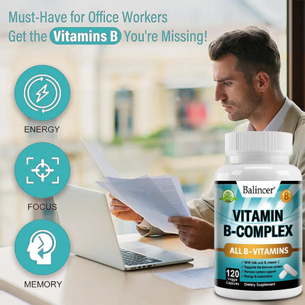 Vitamin B Complex Capsules with Vitamin C & Folic Acid, Antioxidant, Daily Energy Metabolism & Body Immune Wellness Support