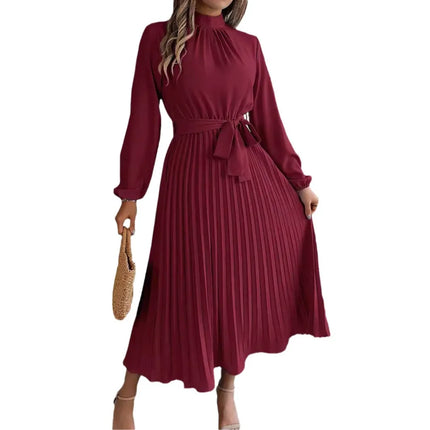 2025 Elegant Long Sleeve Fashion Dresses New Spring Women Belts Pleated Casual Solid Long Dress Casual A-Line Party Maxi Dresses