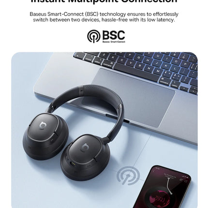 Baseus Bass Wireless Headphones Bluetooth 6.0 98% Noise Canceling Over Ear Headset Spatial Audio Earphone 80H Time