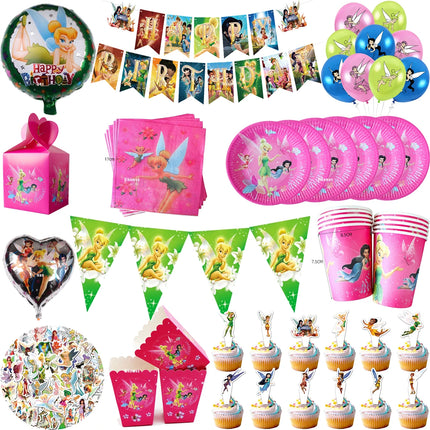 Cartoon Tinker bell Kids Birthday Party Decoration Tableware Elf Fairy Paper Plate Tablecloth Balloon Tinkerbell Party Supplies