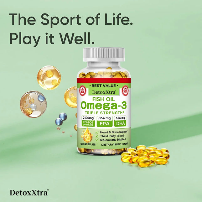 Triple Strength Omega 3 Fish Oil 2400mg, EPA & DHA, Cognitive, Brain, Heart, Eye, Joint, Skin, Focus & Clarity Health, Non-GMO