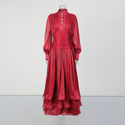 TWOTWINSTYLE Solid Spliced Metal Buttons Temperament Long Dresses for Women High Neck Long Sleeves Patchwork Folds Dress Female
