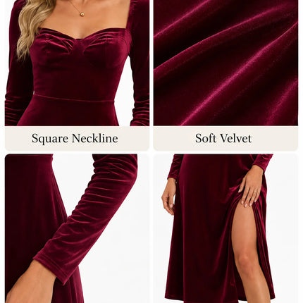 Women Velvet Midi Dress, Sweetheart Square Neck Long Sleeve High Waist Split Cocktail Dress, Elegant Formal Party Wedding Guest Evening Dress