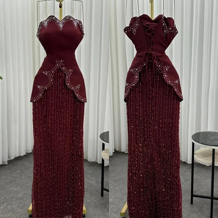 Customized Jersey Sparkle Rhinestone Strapless Lace-up Long Dresses Bespoke Occasion Women Luxury Evening Elegant Party Wedding