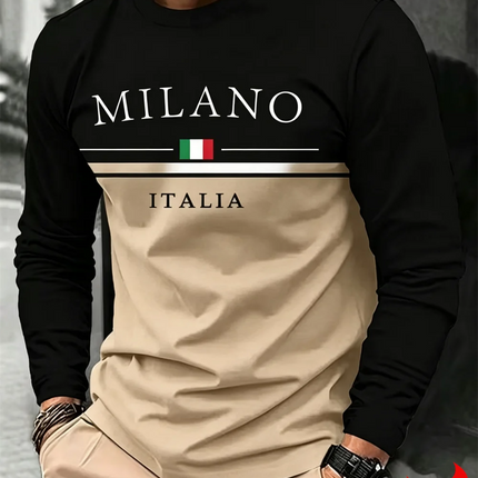 Italia Milano Letter Pattern Print Men T-Shirt Fashion Spring and Autumn Long Sleeve Casual Top Male O-Neck Loose Streetwear Tee