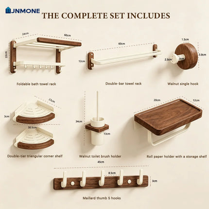 Modern Luxury Bathroom Accessories Set Walnut Wood Towel Rack Wall Mounted Bathroom Hardware Set Shelf Hooks Toilet Paper Holder