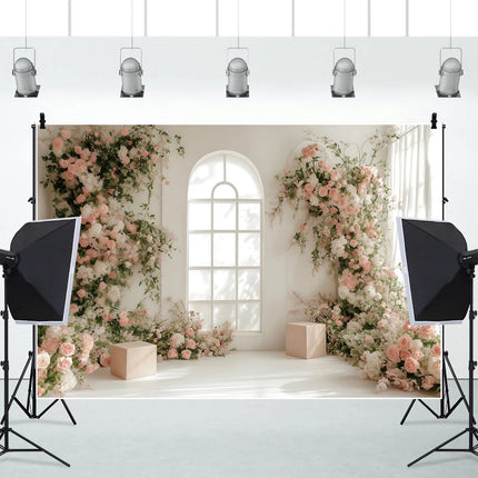 European Castle Window Wedding Backdrop Elegant Pink Rose Floral Arched Wall Photography Background for Birthday Party Decor